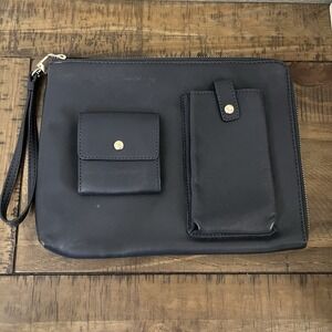 Mark & Graham Navy Leather‎ Zip Commuter Clutch Organizer Linen Lining NWOT